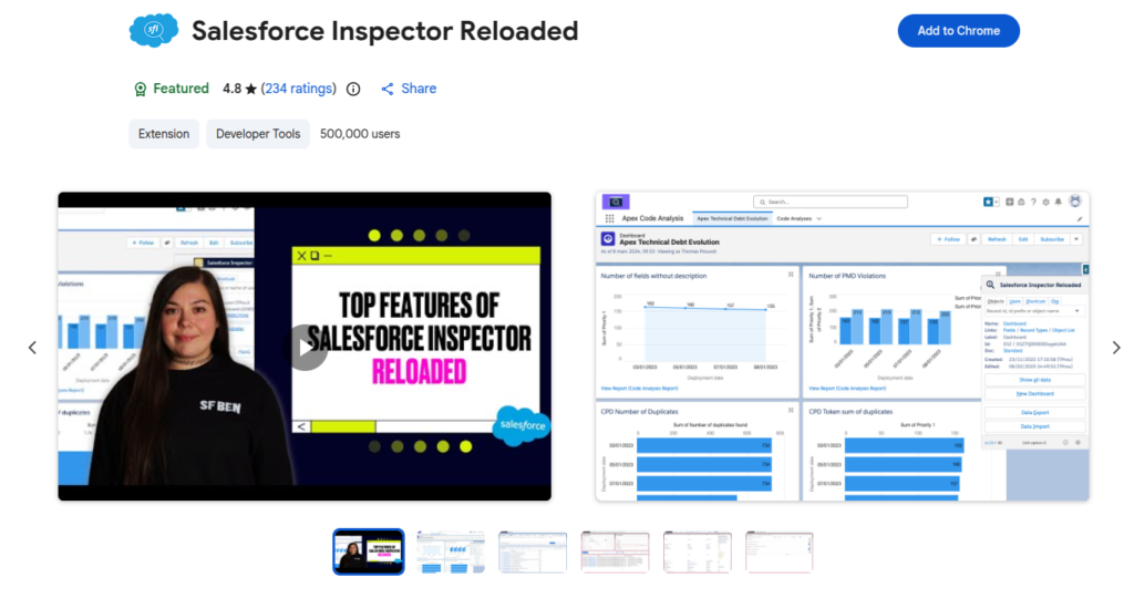 Developer tools sidebar overlay UI on a web browser showing data table inspection, SOQL query editor, dark accent design.