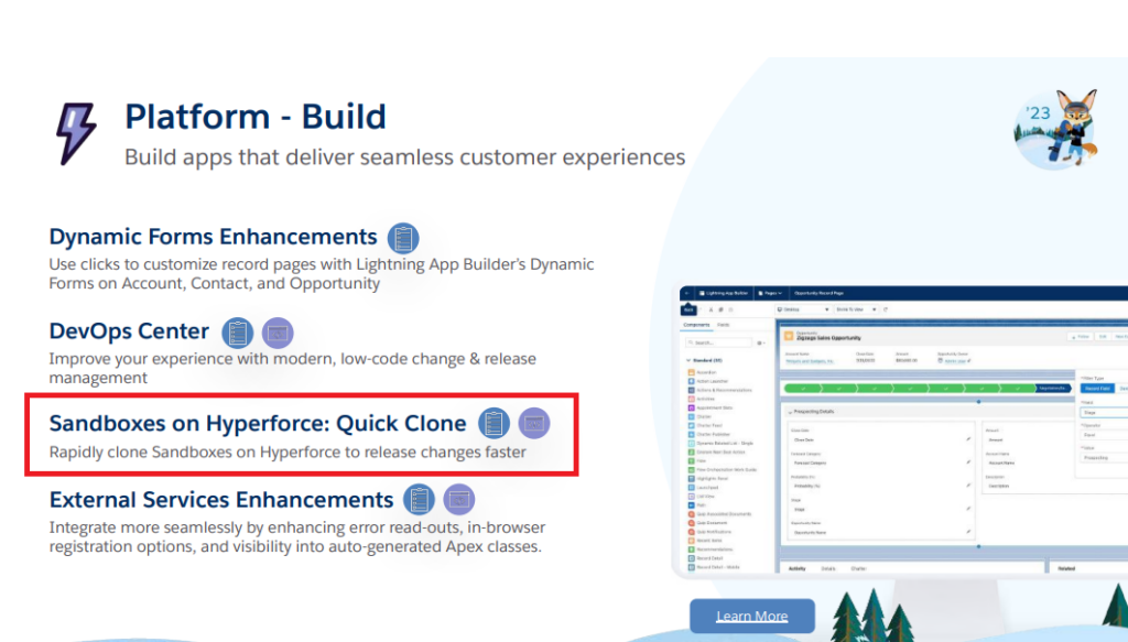 Salesforce sandbox release updates interface showing Quick Clone and preview instance status