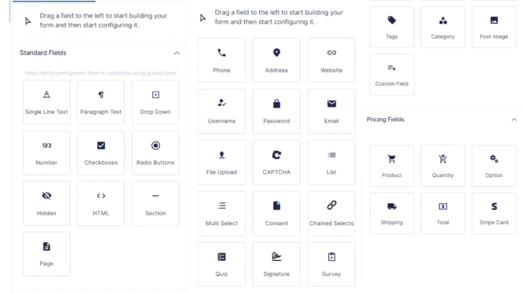 Gravity Forms drag-and-drop form builder showing standard and advanced field types
