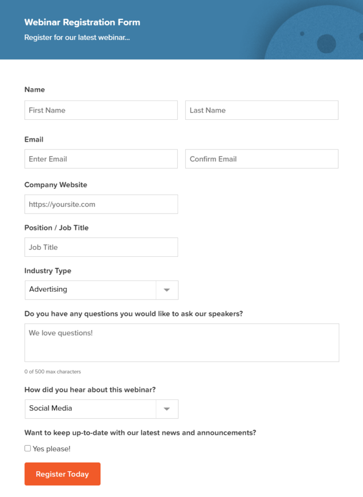 Sample webinar registration web form created with Gravity Forms for lead capture