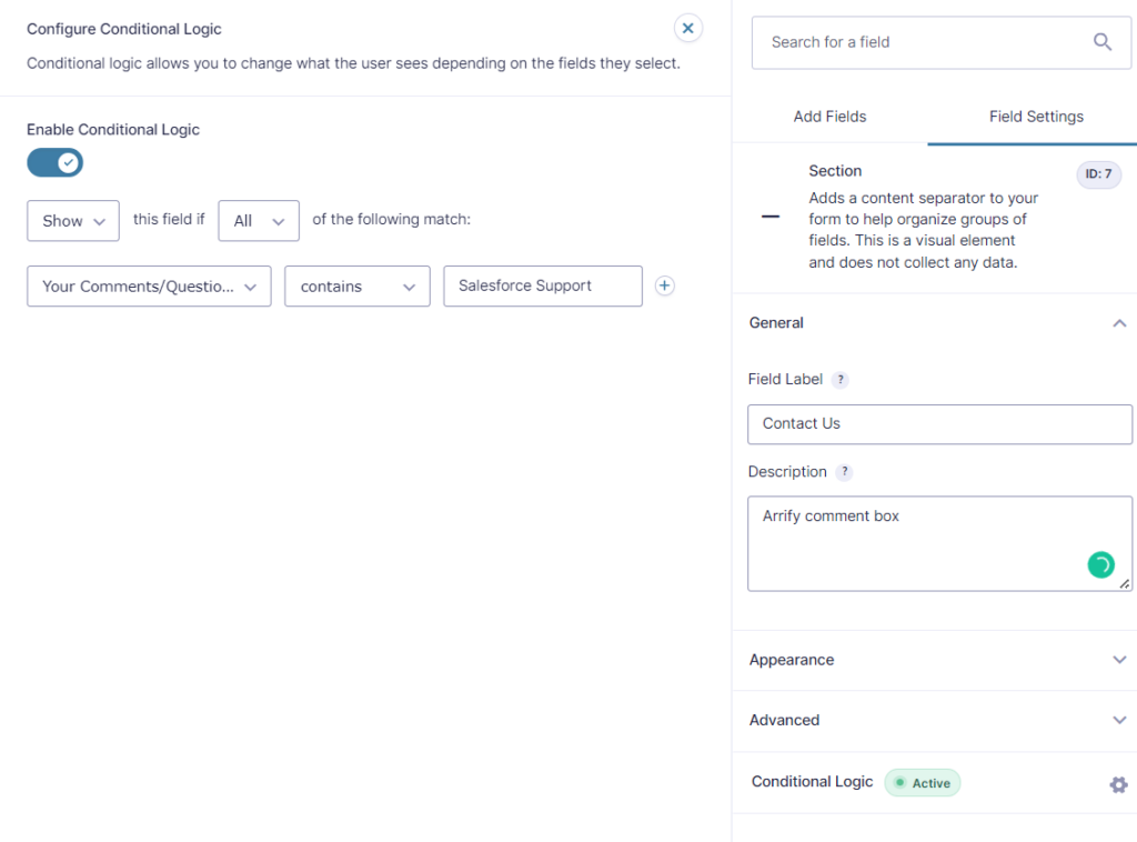 Configuring conditional logic rules to show or hide fields in Gravity Forms