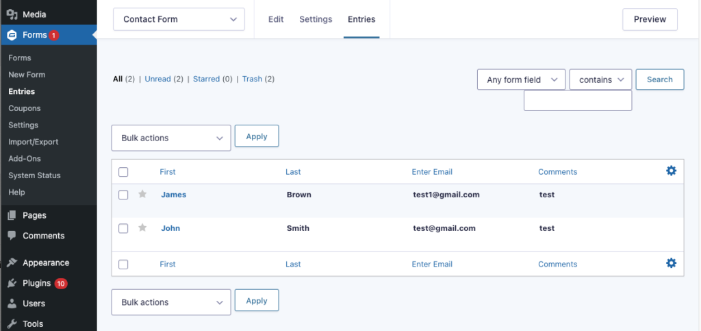 Gravity Forms entry management dashboard showing submitted form responses in WordPress