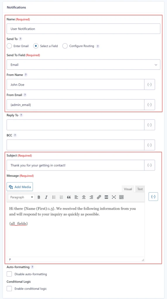 Gravity Forms automated email notification settings with conditional routing rules