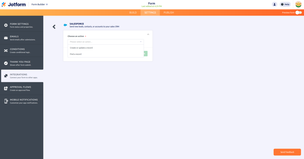 JotForm Salesforce Integration: How to Connect Forms to Your CRM (Without the Headaches) 6 Choose action type for Salesforce integration