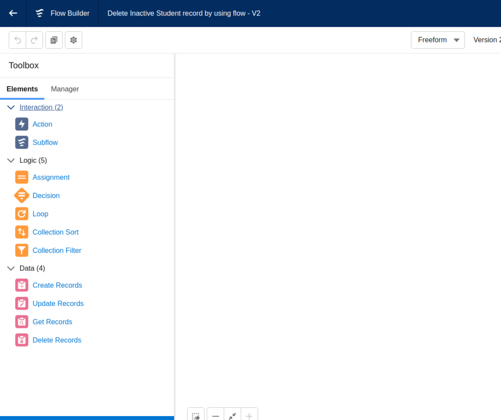 Salesforce Flow Builder Elements tab with Interaction, Logic, and Data elements