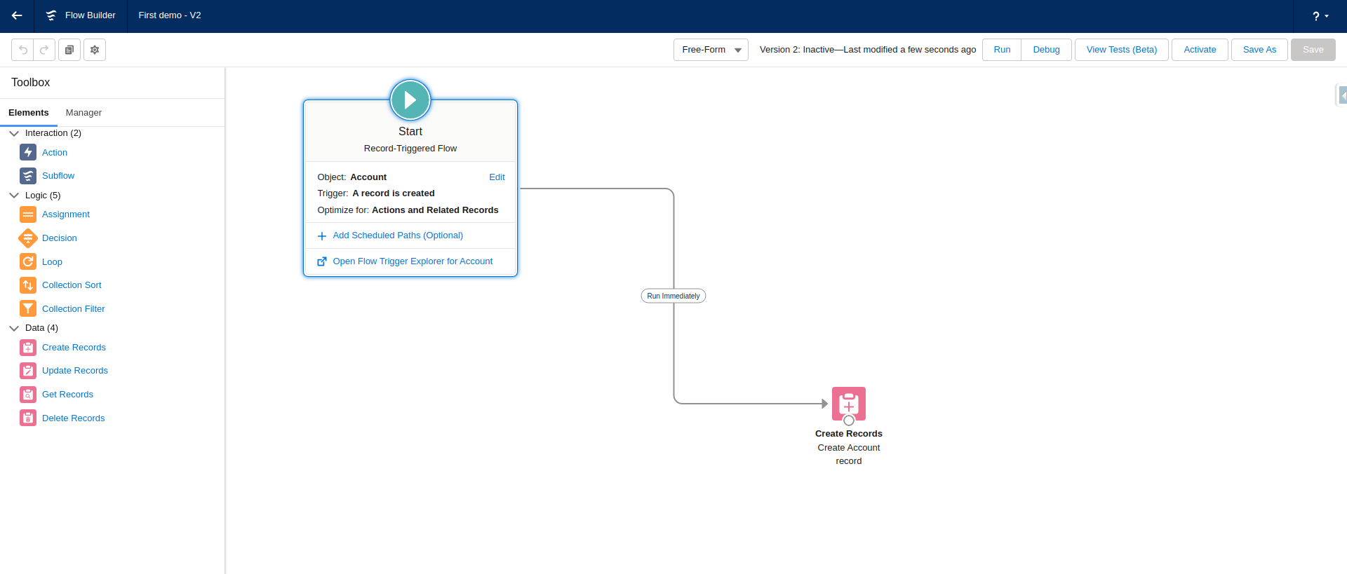Flow Builder canvas with drag-and-drop elements for building flow logic