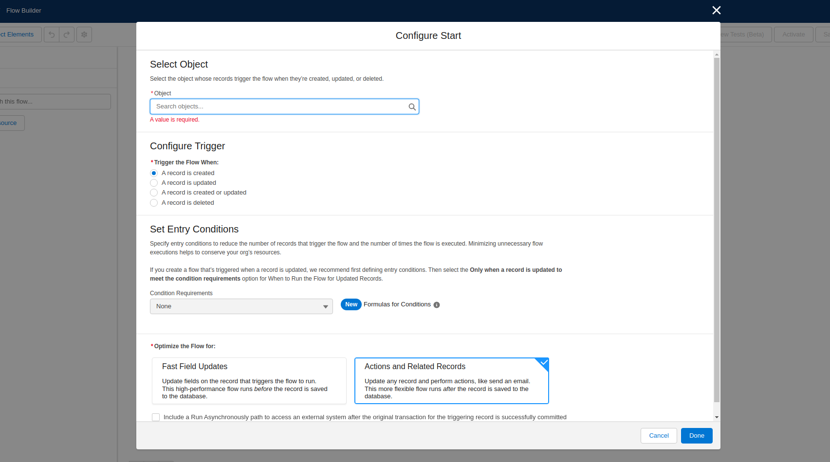 Flow Builder configuration screen for setting trigger and object