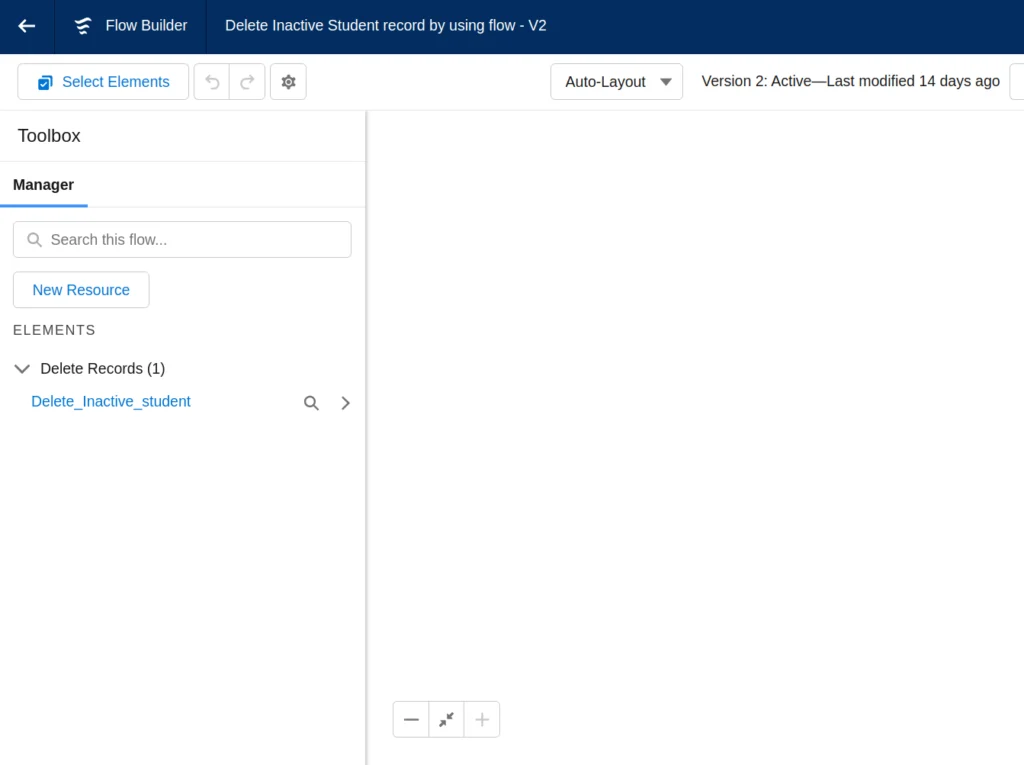 Salesforce Flow Builder Manager tab showing variables and resources