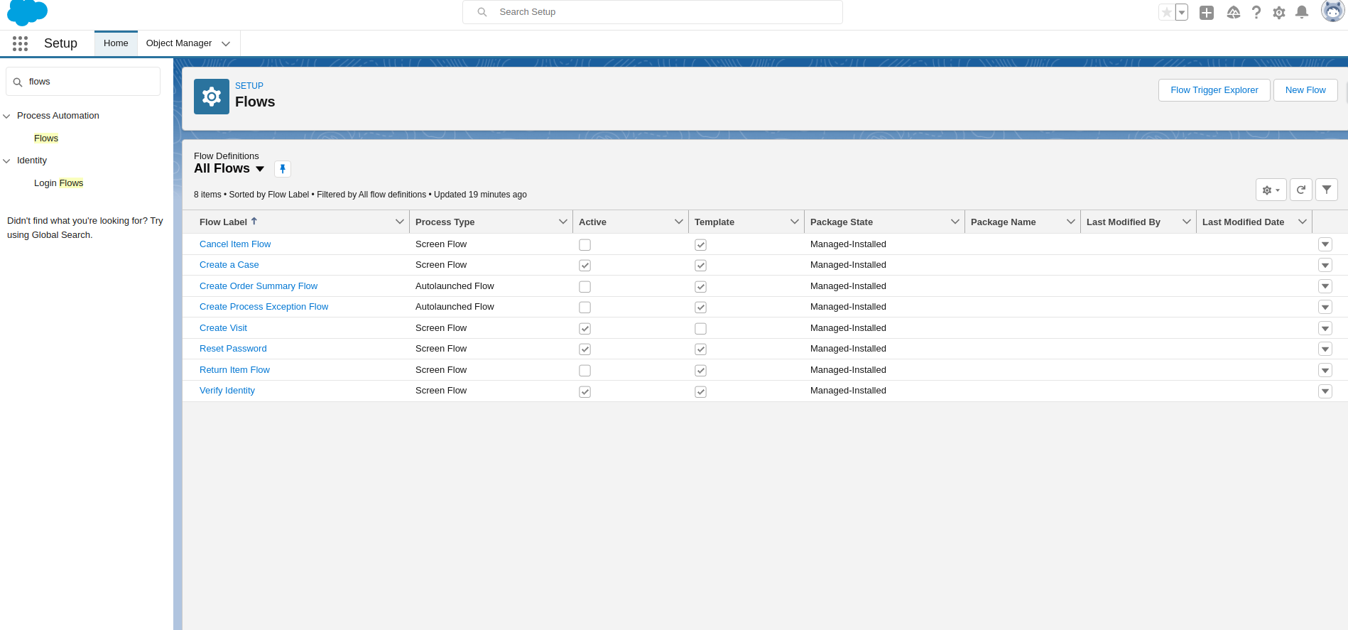 Salesforce Setup page with Flows search results and New Flow button