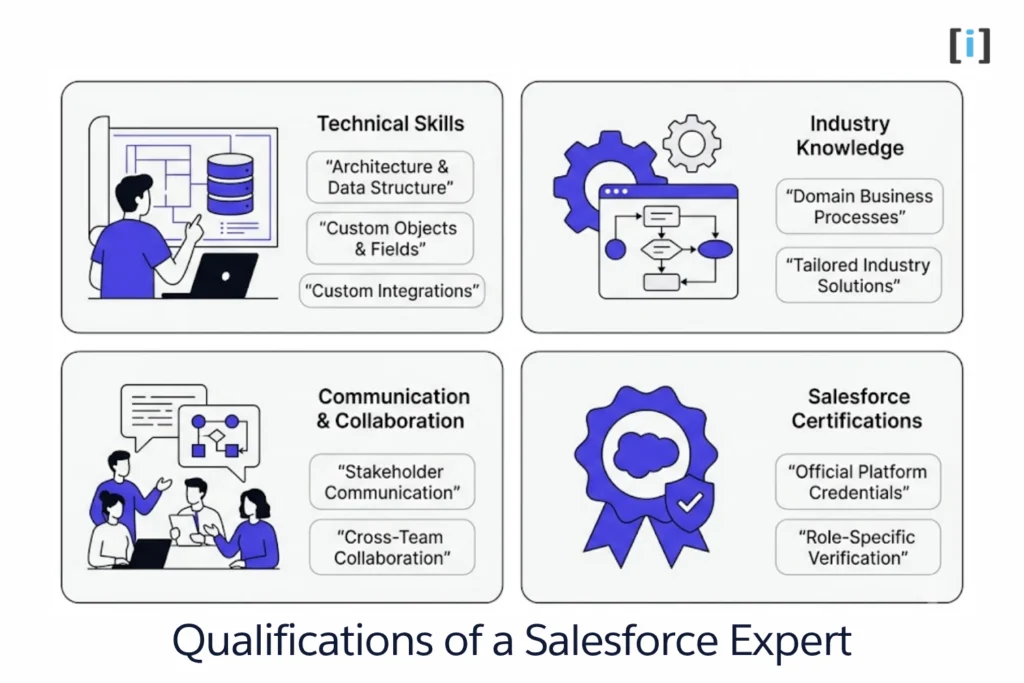 Qualifications of a Salesforce Expert infographic outlining technical skills, industry knowledge, communication abilities, and official Salesforce certifications