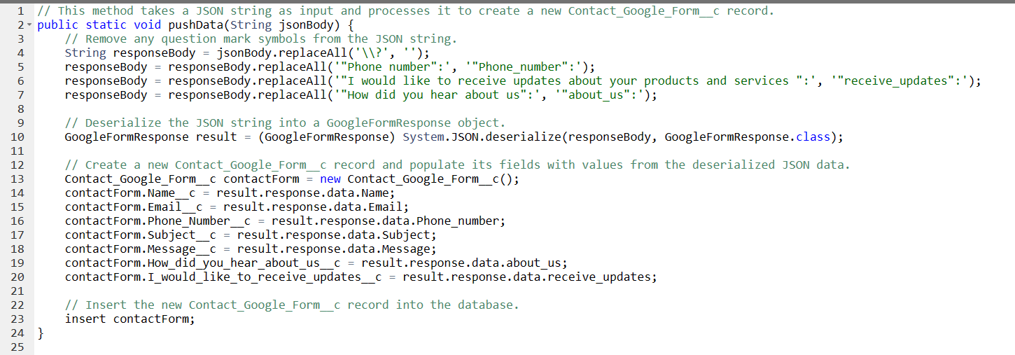 Apex code to parse google form data
