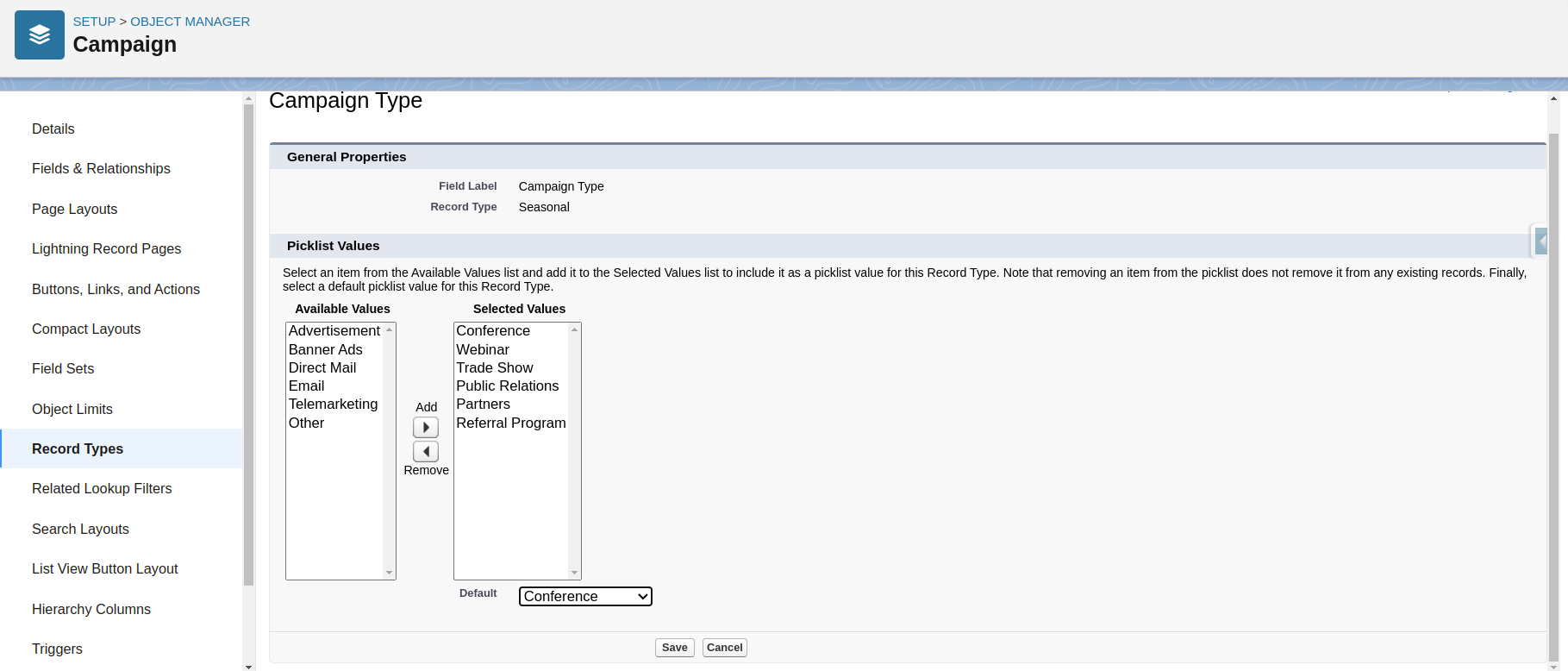 Moving picklist values between Available and Selected lists for a Salesforce Record Type.