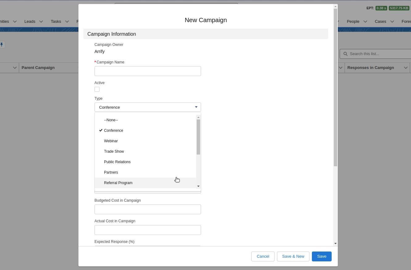 Salesforce Campaign record page interface showing details, activity timeline, and related lists.