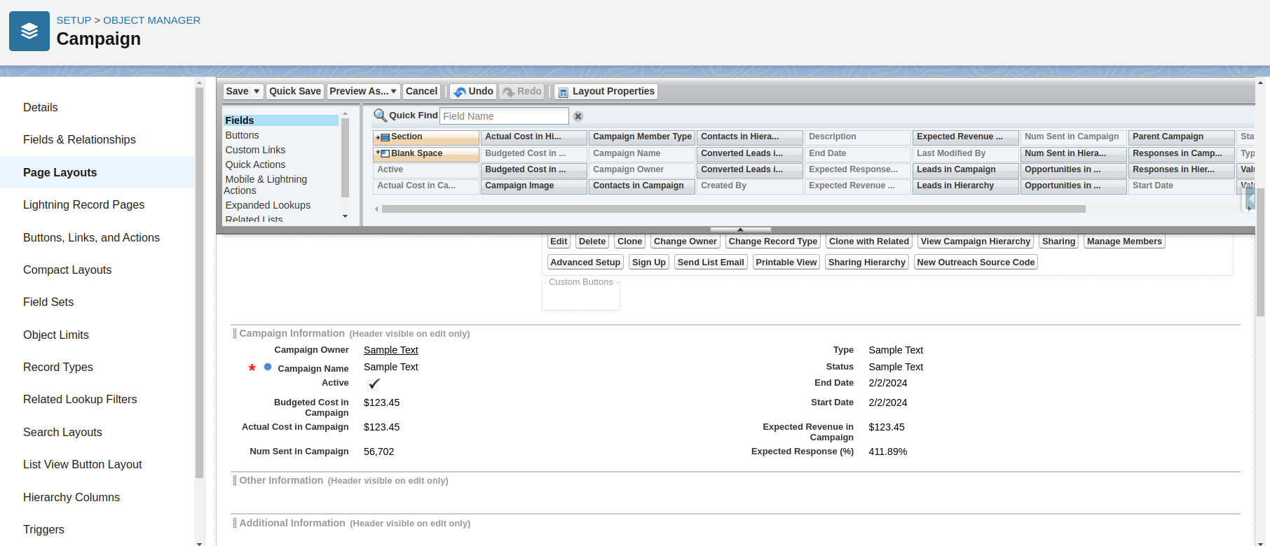 Customizing layout fields and sections using the Salesforce Page Layout drag-and-drop editor.