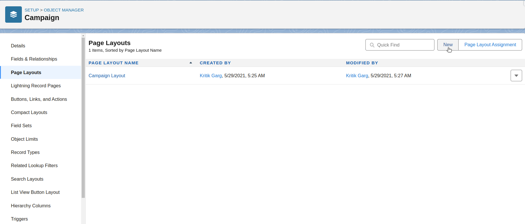 Accessing the Page Layouts section to create a new layout in Salesforce Object Manager.