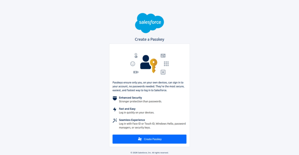 Salesforce will open the "Create a Passkey" registration screen.