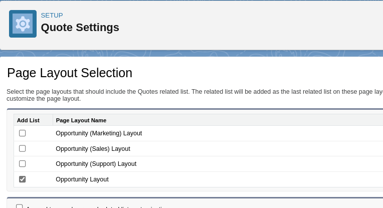 Select the page layouts that should include the Quotes related list